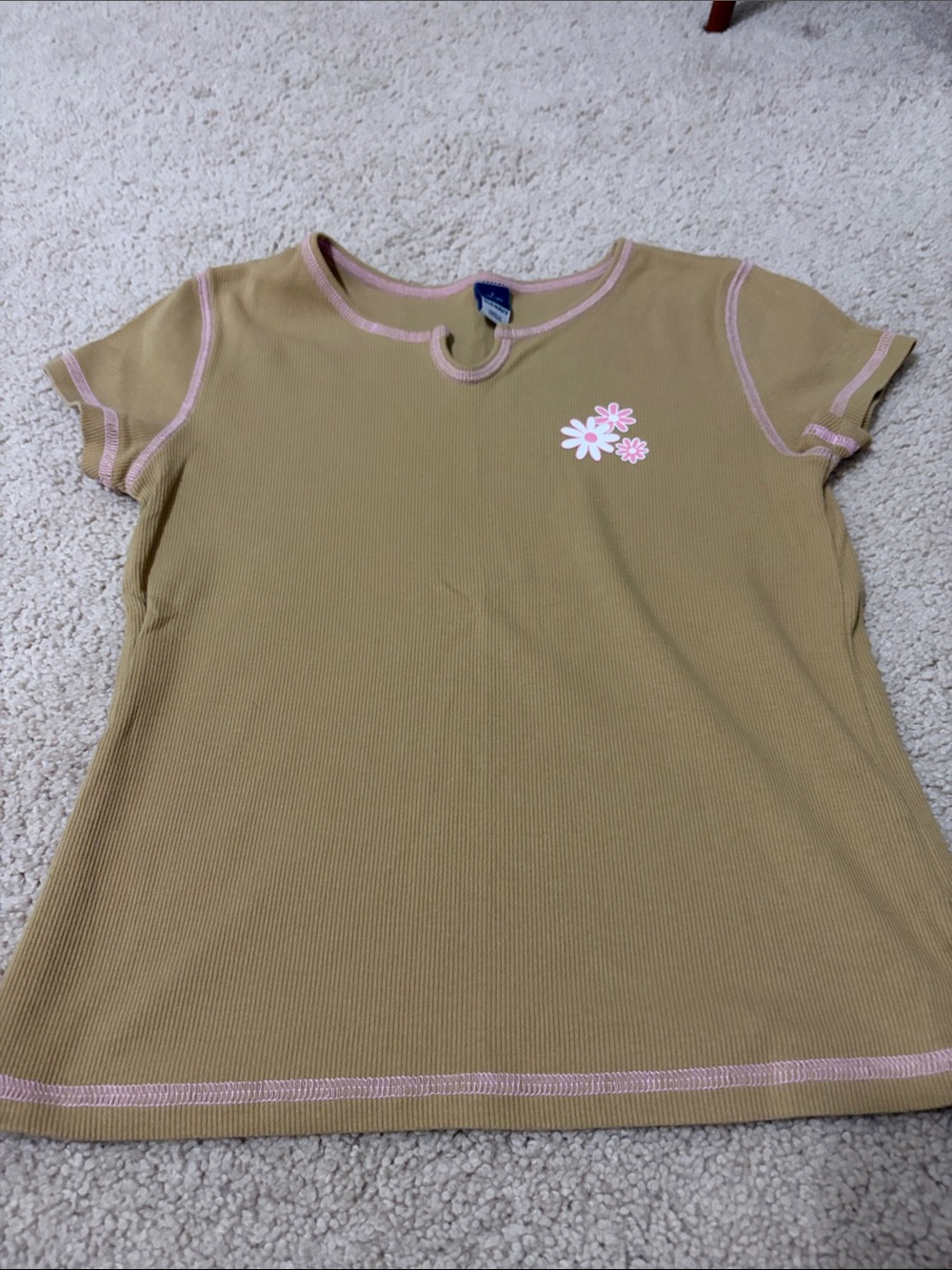 Old Navy Tan Short Sleeve Ribbed Tee with Pink Contrast and Daisy Graphic